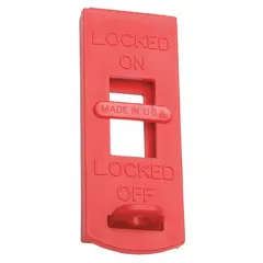 Red plastic lockout device designed for toggle-type wall switches. Secures the switch in the 'On' position to prevent accidental activation during maintenance or servicing. Used in industrial lockout/tagout safety procedures.