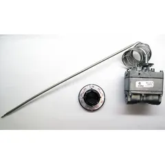 Gas thermostat for LP fuel with a dial range of 150°F to 550°F. Features a 72-inch capillary, 3/16-inch bulb diameter, and 3/8-inch pipe connection. Suitable for temperature control in commercial cooking equipment.