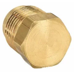 This brass flared fitting plug seals open ports in tubing systems. It features a 45-degree flare connection for 5/8 in OD tubing and meets SAE J513 standards. Supplied in a 10-pack, it is used in hydraulic, pneumatic, fuel, and refrigeration circuits.