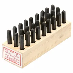 This steel hand stamp kit includes characters A thru Z and a period, with a 3/32 in character height. The sharp-face design produces clear, legible impressions on metal and other hard surfaces. Used for permanent marking of parts and equipment for identification and traceability in industrial settings.