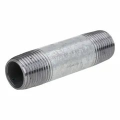 This Schedule 40 galvanized steel pipe is threaded on both ends with male NPT connections and pre-applied PTFE thread sealant. It is rated for a maximum operating pressure of 125 psi at 72°F. Commonly used in plumbing, compressed air, and water systems for connecting fittings or extending pipe runs.