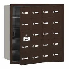 Horizontal multi-unit mailbox with 20 lockable front-access doors. Recessed mounting design for flush installation in walls. Overall dimensions: 29 3/4 in height, 29 1/4 in width, 16 1/2 in depth. Suitable for centralized mail distribution in multi-tenant residential or commercial buildings.