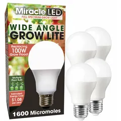 This MIRACLE LED LED Grow Bulb features an A19 shape and a Full/Broad spectrum tailored for budding stages in plant growth. Operating at 120V, it provides a 100W incandescent watt equivalency. Suitable for indoor horticulture applications supporting flowering phases.