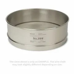 This test sieve features a stainless steel frame and stainless steel screen cloth with a #60 mesh size. It has a 12-inch outside diameter and 4 1/4-inch height, conforming to ASTM E11 standards. Used for particle size analysis and material classification in laboratory and industrial settings.