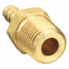This steel barbed hydraulic hose fitting connects a -4 dash size hose to a male NPT port. It features a hose barb on one end and NPT threads on the other, both male. Suitable for fluid power transmission in hydraulic systems. Sold in a 5-pack.