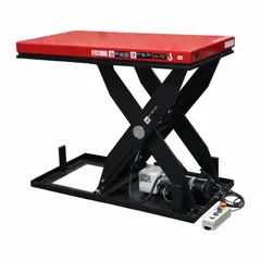 This fixed-top electric lift table has a 1500 lb load capacity and a maximum lifting height of 39 in. The platform length is 48 in. It is used for vertical material handling tasks such as loading, assembly, and work positioning in industrial environments.