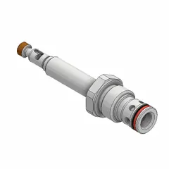 Screw-in, two-position, normally open, two-way poppet valve with C12-2 cavity size. Constructed from steel with polyurethane seal. Used in hydraulic systems to control fluid flow, providing a default open flow path in mobile equipment or industrial machinery.