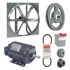 This belt-drive reversible panel fan with drive package features a 36-inch blade and a 1 1/2 hp open dripproof motor. It operates on 208-230/460V AC, three-phase power. Suitable for ventilation, exhaust, or supply air movement in industrial and commercial spaces.