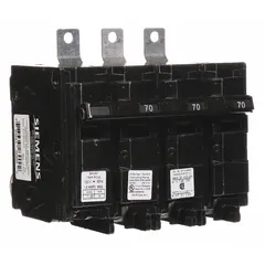 Three-pole miniature circuit breaker rated 70 A at 120/240V AC, part of the BL Series. Bolt-on design with shunt trip for remote tripping. Maximum interrupting rating 22 kA at 240V AC. For use with Siemens P1 Panelboards in commercial and industrial power distribution.