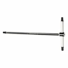 T-shaped Torx key with standard end and T6 tip size. Long arm length of 5 inches. Made of alloy steel with matte finish. Suitable for tightening or loosening Torx fasteners in assembly, maintenance, and repair tasks.