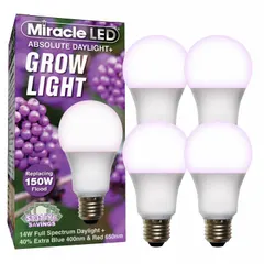 This A19-shaped LED grow bulb operates on 120V with a full/broad spectrum, providing light suitable for fruiting plant growth. It offers a 150W incandescent watt equivalency. Commonly used in indoor horticulture to support flowering and fruit production.