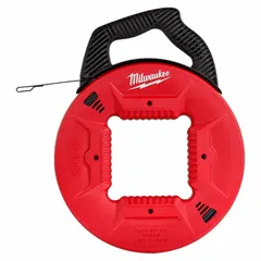 This steel fish tape is 240 ft long with a flat tape shape and formed hook end for pulling wire through conduit, walls, and ceilings. It features manual wind tape retraction with an internal rotating winder slide. Overall length is 13 in.