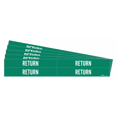 BRADY Pipe Marker: Return, Green, White, Fits 3/4 to 2 3/8 in Pipe O.D., 4 Pipe Markers - Return Adhesive Pipe Markers