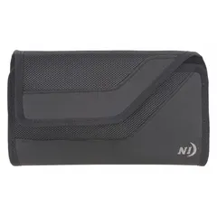 Universal horizontal clip case for cell phones made of black plastic. Weather resistant with an interior pocket and includes a holster for belt or bag attachment. Suitable for hands-free phone access in various settings.