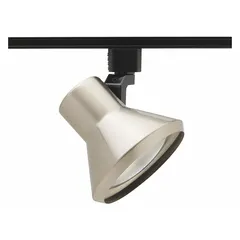 Incandescent flared track head with a silver housing. Rated at 75 W, with a diameter of 4 7/8 inches and a length of 3 3/4 inches. Suitable for accent or directional lighting in track systems.