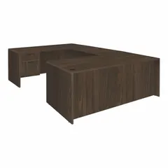 This double pedestal desk from REGENCY features a walnut particle board desktop and neo walnut frame. It includes two pedestals with four drawers total and a modesty panel. Suitable for office or administrative workstations, it provides ample workspace and storage for documents and supplies.