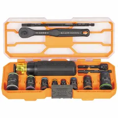 Combination multi-bit screw and nut driver with quick-change mechanism and cushion/molded grip. Overall length 9 1/4 inches. Double-ended bits include inch sizes 1/4 x 5/16, 3/8 x 7/16, 1/2 x 9/16, 5/8 x 3/4 and metric sizes 7 x 8, 10 x 12, 13 x 14, 15 x 17 mm. Impact-rated for driving fasteners in assembly and maintenance tasks.
