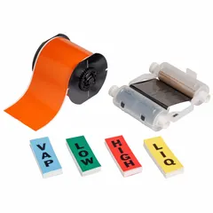 This pipe marking labeling kit includes a 4 in x 100 ft orange vinyl label roll, a black ribbon cartridge, and a 4 in x 2 in B946 green ammonia (IIAR) label. Compatible with BBP30 printers and S3700 printer series. Used for creating durable pipe markers in industrial facilities to identify pipe contents.