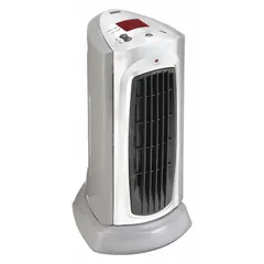 Portable electric heater with two heat settings (900W/1500W) providing 3071/5118 BtuH heating capacity. Gray housing, dimensions 16-7/8 x 7-1/2 x 8 inches. Includes safety tip-over switch. Suitable for supplemental heating in offices, workshops, and indoor spaces.