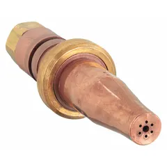 Size 2 cutting tip for handheld torches, designed for use with acetylene. Suitable for cutting mild steel plate from 5/8 in to 1 in thickness. Commonly used in fabrication, maintenance, and repair applications.