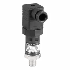 Pressure transmitter with 0 to 60 psi range, 4 to 20mA DC output, and ±0.50% Full Scale accuracy. Features a 1/4 in Male NPT connection and DIN 43650 Form A Connector. Suitable for industrial pressure monitoring in hydraulic systems, pneumatic controls, and process automation.