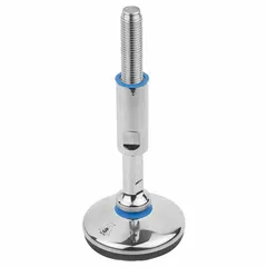 This hygienic male leveling mount features a polished finish and round base, designed for precise height adjustment and leveling of industrial machinery and equipment. With an M24 thread size, 100 mm length, and 25 kN load capacity, it compensates for uneven floors in environments requiring cleanliness.