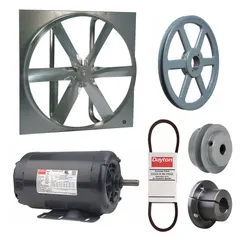 Unassembled belt-drive panel exhaust fan with drive package. Features a 30-inch blade, 1 hp motor, and 11,061 cfm airflow at 230/460V AC, 3-phase. Zinc-plated steel frame with open dripproof motor enclosure and Class F insulation. Suitable for general ventilation in industrial and commercial spaces.