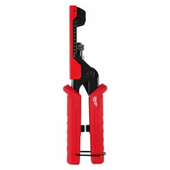 This 9-inch coaxial cable connector crimper is designed for installing BNC, F-Type, and RCA compression connectors on coaxial cable. It features a universal plunger for compatibility with various connector types. Suitable for use in telecommunications, security systems, and audio/video installations where reliable connector termination is required.