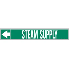 Green adhesive pipe marker with white legend reading 'Steam Supply' and directional arrows. Fits pipe outer diameters from 2-1/2 to 6 inches. Supplied 25 markers per roll for identification of steam supply lines in industrial piping systems.