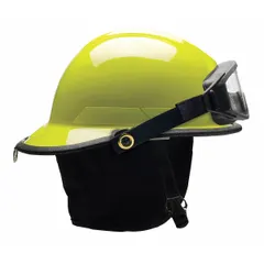 Fiberglass fire helmet with modern rear brim design. Features a 6-point Sure-Lock ratchet suspension and chin strap. Color: Lime. Suitable for structural firefighting and rescue operations.