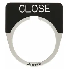 Half-round legend plate for Series 10250T push-button stations. Overall width 1 5/8 in. Provides clear identification of button function in industrial control panel applications.