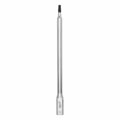 This MILWAUKEE Torx bit socket features a T20 tip size and a 1/4 in drive, with a fixed insert design. Overall length is 6 in. Suitable for driving Torx fasteners in assembly, maintenance, and repair tasks.