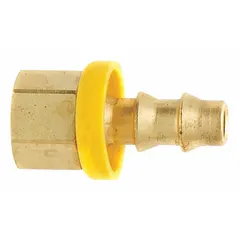 This brass barbed hydraulic hose fitting is a straight male x female connector with a hose barb x inverted flare connection type. Designed for -4 hose dash size and 1/4 in hose I.D., it is used to connect a hose to a female inverted-flare port in low-pressure fluid systems such as hydraulic return lines and lubrication circuits.