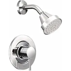 This MOEN Align series shower faucet features a fixed brass showerhead with a chrome finish. It operates as a single-function unit with a flow rate of 2.5 gallons per minute. Suitable for use in residential and commercial bathroom installations.