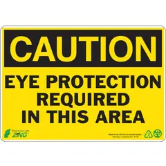 This caution sign is made of plastic with a thickness of 0.065 in and a nominal size of 7 in x 10 in. It features mounting holes for permanent installation. The sign is not retroreflective, not glow-in-the-dark, and has no anti-slip surface. It is used to indicate areas where eye protection is required, such as industrial facilities, workshops, and laboratories.