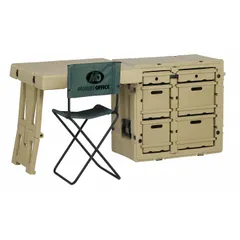 Portable field desk with overall dimensions of 21 in width, 30 3/4 in length, and 28 1/2 in depth. Includes strike hardware for secure closure. Suitable for use as a stable writing or equipment surface in field operations, maintenance, and inspection tasks.