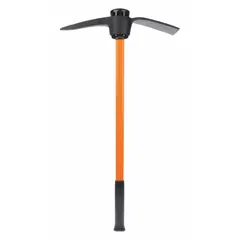 This pick mattock has a steel head and a fiberglass handle. The adze measures 9 1/4 inches in length and 2 7/8 inches in width, while the pick is 9 1/4 inches long. It is used for breaking up hard soil, digging trenches, and prying roots in construction, landscaping, and excavation.
