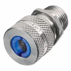 Straight metallic cable grip with 3/4 in MNPT box connection, aluminum body in silver finish. Accepts cord diameters from 0.38 in to 0.50 in, features a blue color-coded grommet, and measures 1 5/8 in overall length. Rated IP66 for Class III, Division 1 & 2 hazardous locations, suitable for securing and sealing cords in environments with combustible fibers or flyings.