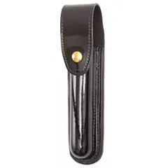 This duty equipment pouch is constructed from black synthetic polymer with a high-gloss finish. It features a snap closure for secure retention of a standard flashlight. Commonly used by security and law enforcement personnel for hands-free carry and quick access.