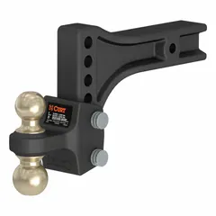 This adjustable ball mount from CURT features a dual-ball design with 2 in and 2 5/16 in ball diameters for quick trailer leveling. Made from carbon steel with a powder-coated finish, it is vibration-resistant and includes pins. Compatible with a 2 1/2 in ball shank diameter, it is suitable for universal towing applications.