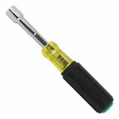 This pass-through nut driver features a hollow hex tip for driving nuts on threaded rods or studs. It is supplied without a magnetized tip, making it suitable for applications where metal debris attraction is undesirable. The metric size is designed for standard hollow hex nut driving tasks in electrical, mechanical, and industrial maintenance.