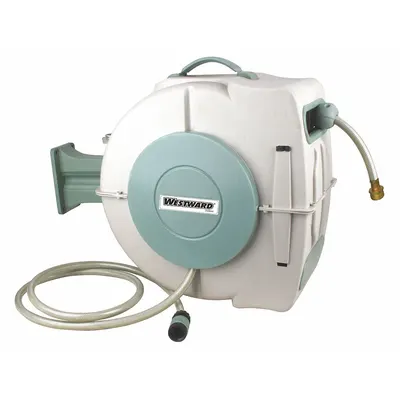 WESTWARD Spring Return Garden Hose Reel: 65 ft (1/2 in I.D.), 3/4 in FNPT - Enclosed Garden Spring-Return Hose Reels