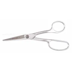 These all-metal offset scissors feature a straight, fine-edge steel blade with a silver finish. The offset handle design provides improved cutting leverage and visibility. Suitable for cutting carpet and heavy fabric in flooring and upholstery applications.