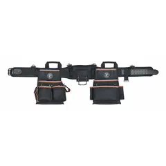 Padded electrician's tool belt with 26 pockets for organized tool storage. Fits 35 to 39 inch waist sizes. Black color. Part of the Tradesman Pro™ series. Suitable for carrying screwdrivers, pliers, and testers on job sites.