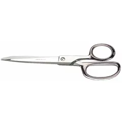 All-metal scissors with straight, fine-edge blades for cutting metal and other materials. Steel construction with silver finish and vinyl grips. Overall length 8 1/4 inches. Suitable for maintenance, fabrication, and general industrial cutting tasks.