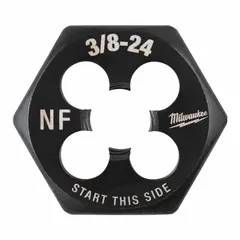 This solid hex rethreading die is used to clean or restore damaged external threads on bolts, studs, or fittings. It features a 3/8"-24 UNF thread size, 1 in hex width, and is made from black oxide carbon steel. Commonly applied in maintenance, repair, and fabrication operations.