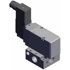 Three-way, two-position solenoid valve from the SMC VP Series. Single solenoid, normally closed configuration with female 3/8 BSPT port and 24V DC operation. Used for controlling pneumatic actuators in industrial automation systems.