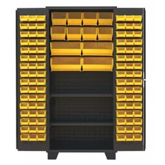 Assembled steel bin cabinet with a black powder-coated finish and 14 ga panel. Includes 108 yellow flush bins (each 7 in x 16-1/2 in x 14-3/4 in) and two shelves. Suitable for organizing small parts and tools in workshops, warehouses, and maintenance facilities.