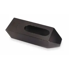 This step clamp is designed for securing workpieces to machine tables during milling, drilling, or grinding operations. Its stepped profile accommodates varying workpiece heights, providing stable clamping force. Fits 3/4 in stud diameter. Overall dimensions: 6 in length, 1 1/2 in width, 1 in height.