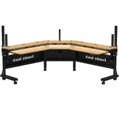 This electric adjustable-height corner desk features a bamboo top over high-density fiberboard/laminate construction with a black steel frame. It includes three USB outlets for device charging. Suitable for sit-stand workstations in offices, control rooms, and industrial environments.